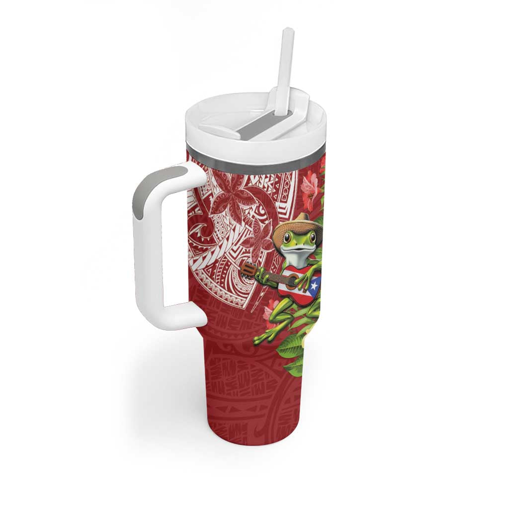 Puerto Rico Coqui Frog Tumbler With Handle Tropical Flowers Polynesian Style - Wonder Print Shop