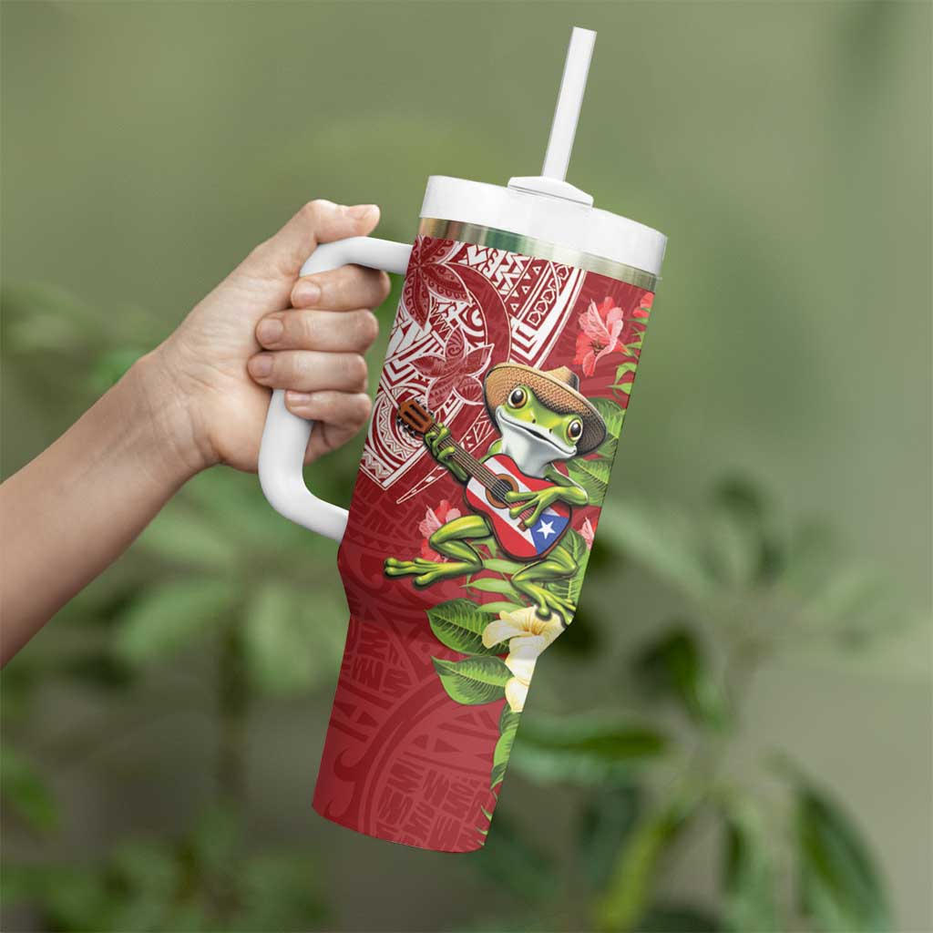 Puerto Rico Coqui Frog Tumbler With Handle Tropical Flowers Polynesian Style - Wonder Print Shop