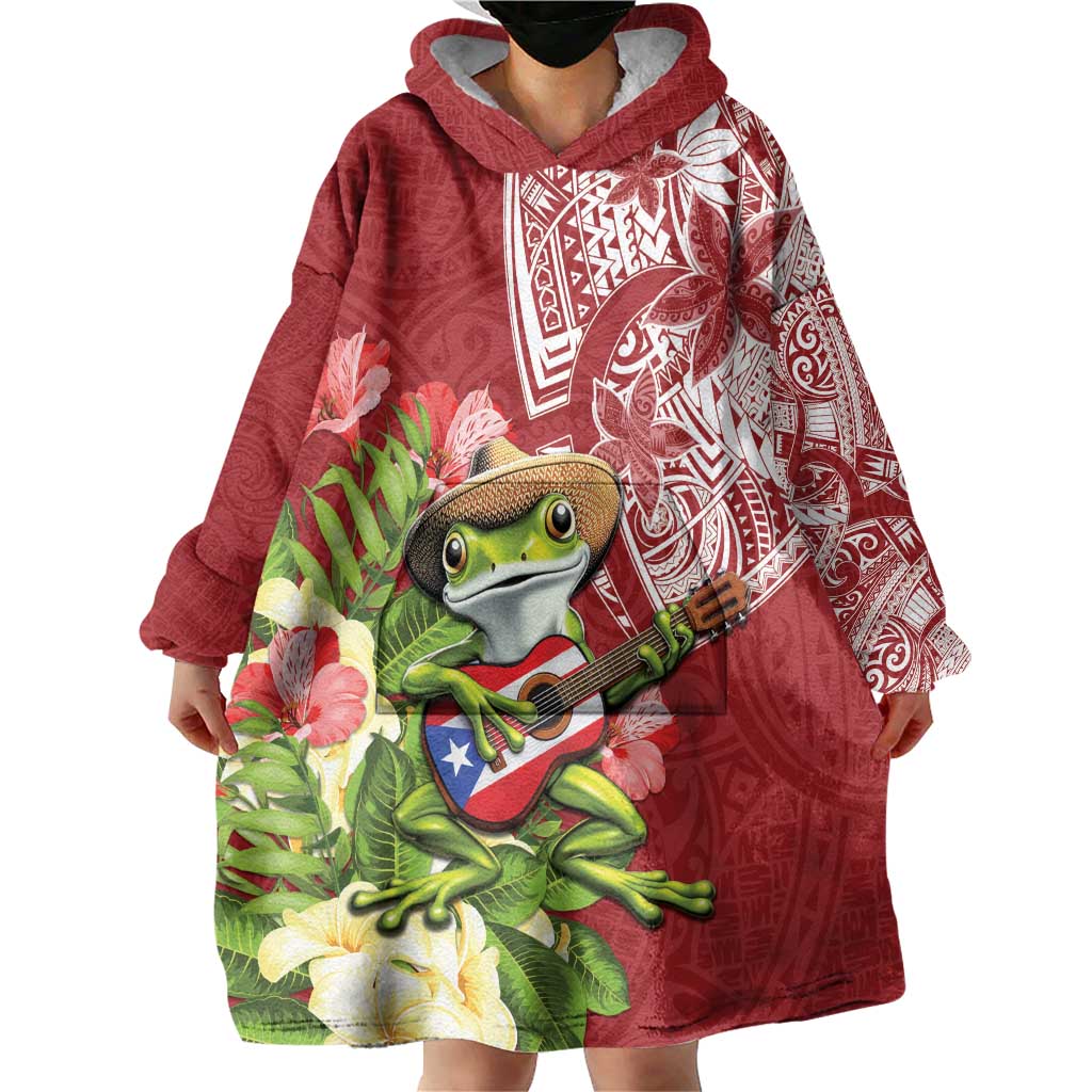 Puerto Rico Coqui Frog Wearable Blanket Hoodie Tropical Flowers Polynesian Style - Wonder Print Shop