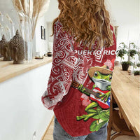 Puerto Rico Coqui Frog Women Casual Shirt Tropical Flowers Polynesian Style - Wonder Print Shop