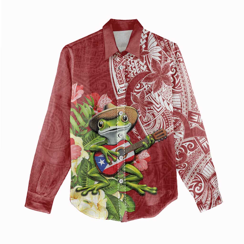 Puerto Rico Coqui Frog Women Casual Shirt Tropical Flowers Polynesian Style - Wonder Print Shop