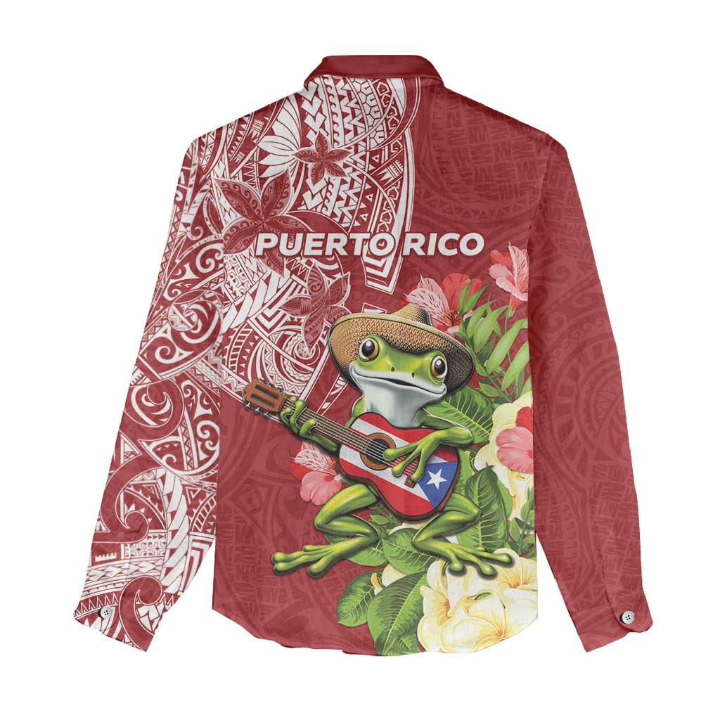 Puerto Rico Coqui Frog Women Casual Shirt Tropical Flowers Polynesian Style - Wonder Print Shop