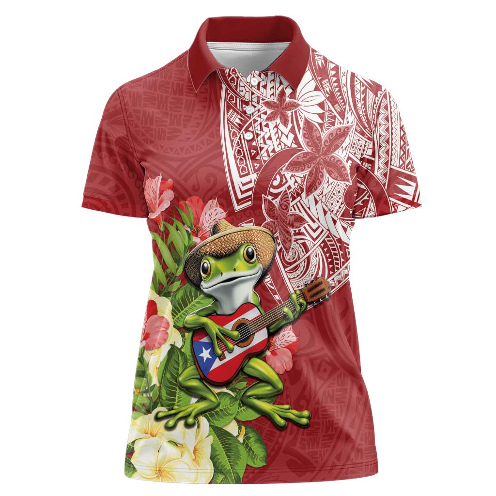 Puerto Rico Coqui Frog Women Polo Shirt Tropical Flowers Polynesian Style - Wonder Print Shop