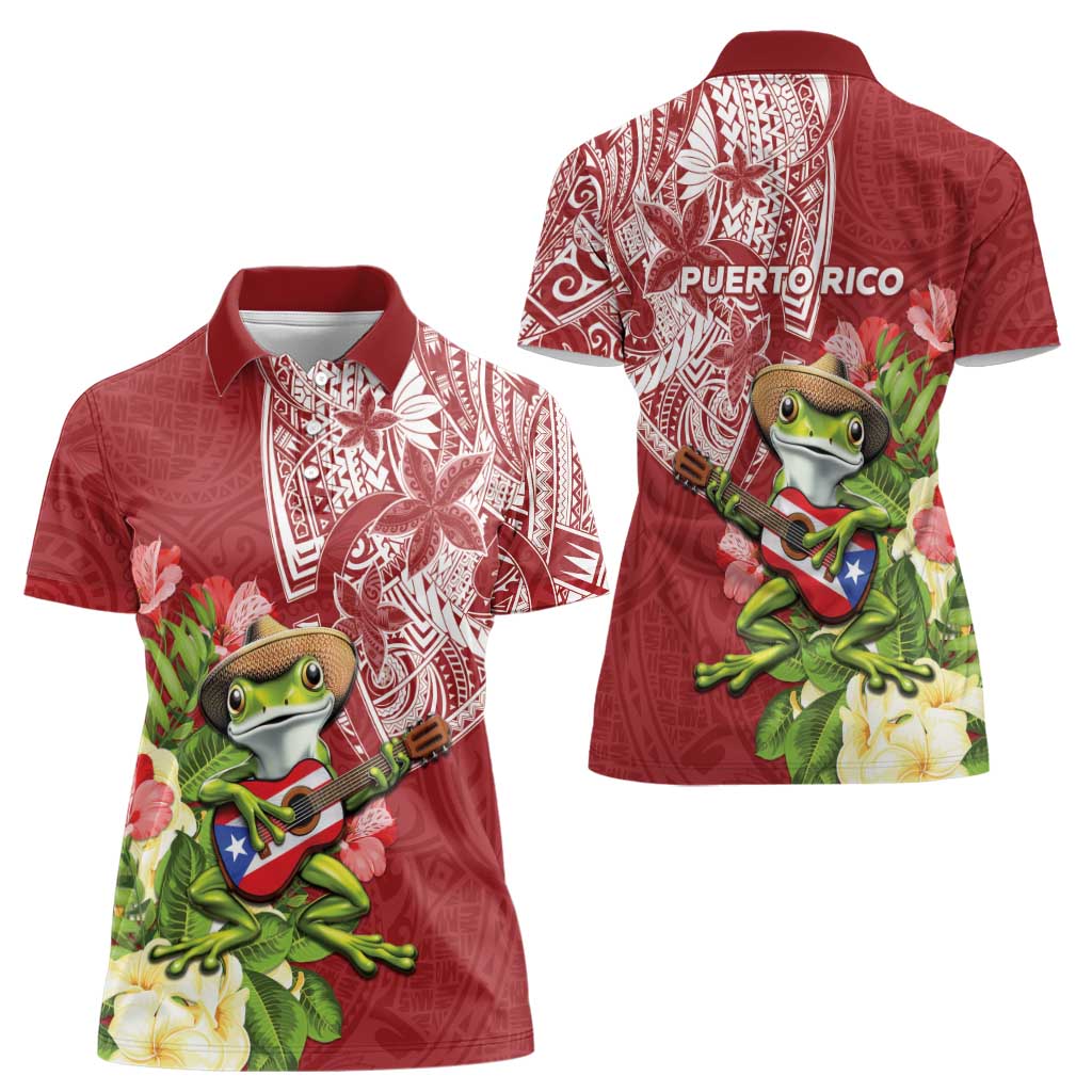 Puerto Rico Coqui Frog Women Polo Shirt Tropical Flowers Polynesian Style - Wonder Print Shop