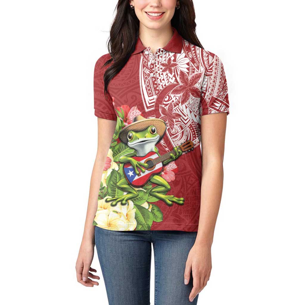 Puerto Rico Coqui Frog Women Polo Shirt Tropical Flowers Polynesian Style - Wonder Print Shop