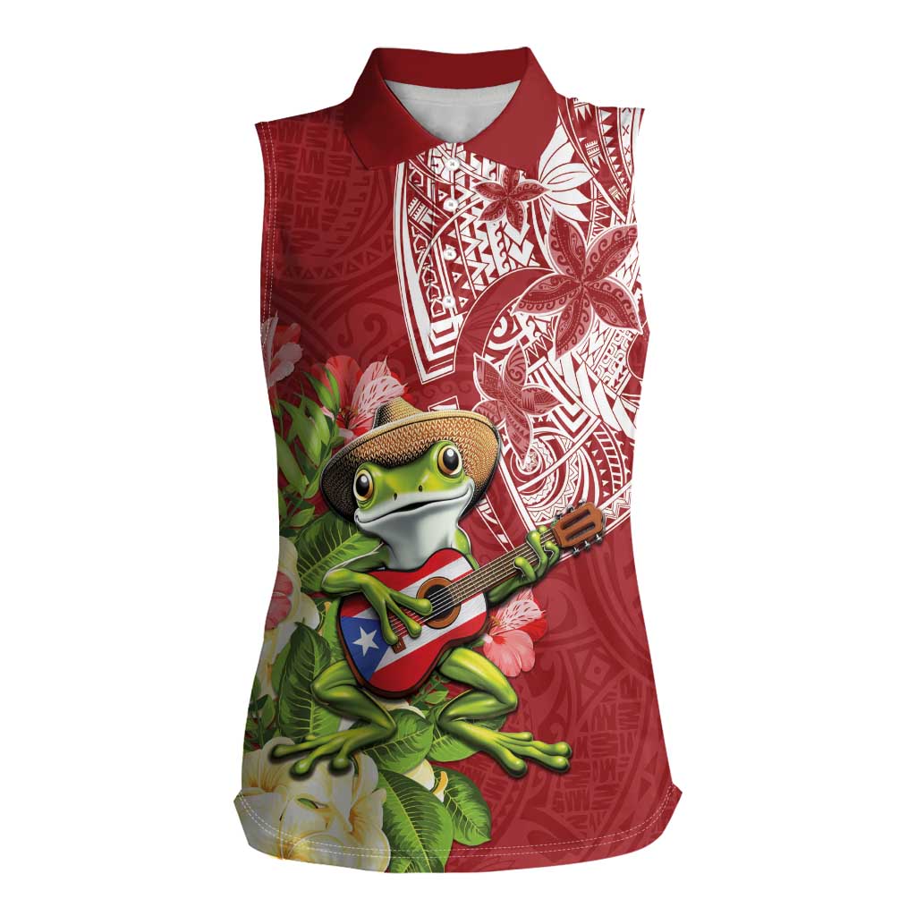 Puerto Rico Coqui Frog Women Sleeveless Polo Shirt Tropical Flowers Polynesian Style - Wonder Print Shop
