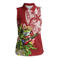 Puerto Rico Coqui Frog Women Sleeveless Polo Shirt Tropical Flowers Polynesian Style - Wonder Print Shop