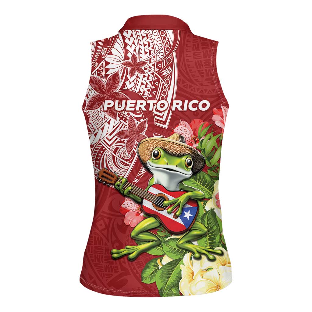 Puerto Rico Coqui Frog Women Sleeveless Polo Shirt Tropical Flowers Polynesian Style - Wonder Print Shop