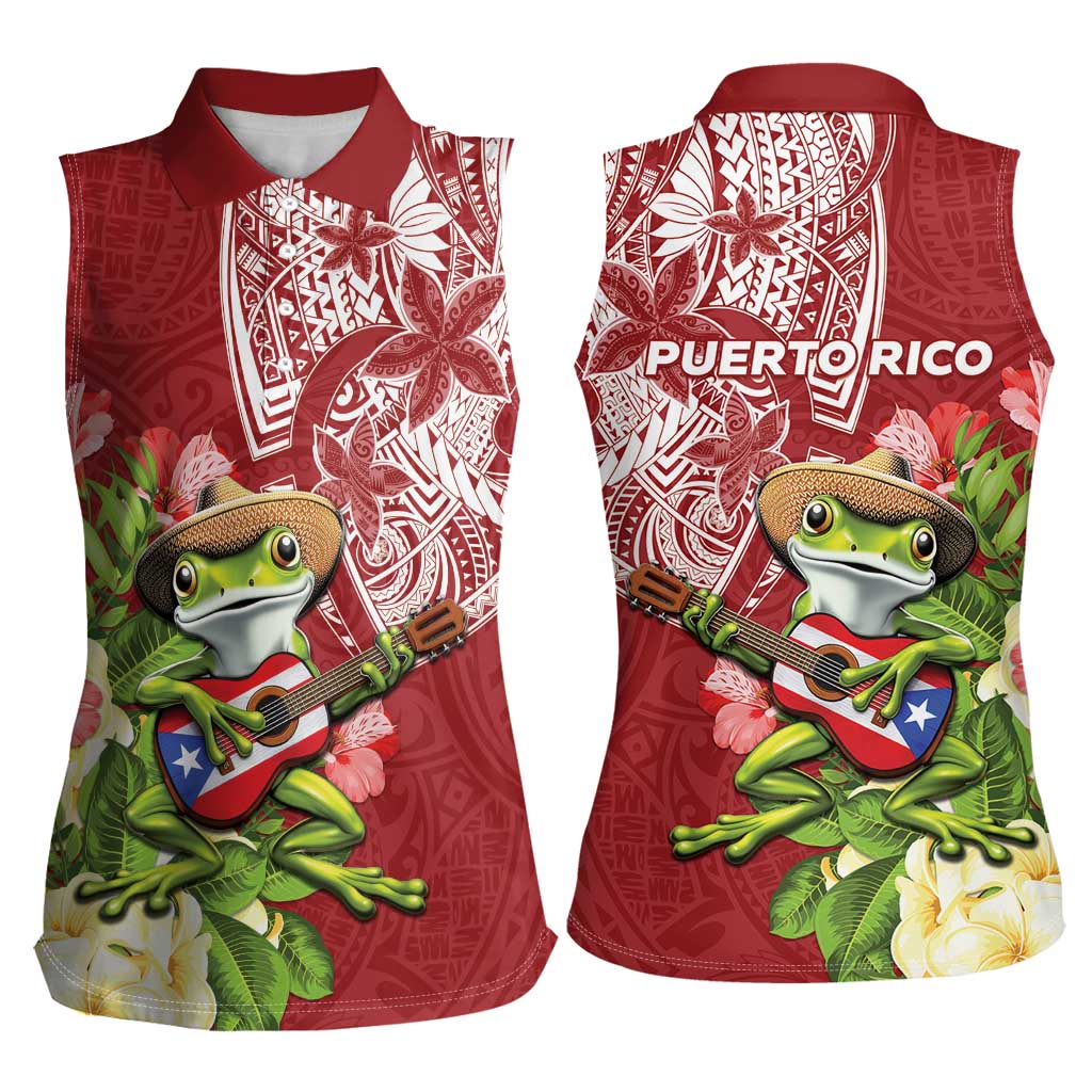 Puerto Rico Coqui Frog Women Sleeveless Polo Shirt Tropical Flowers Polynesian Style - Wonder Print Shop