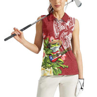 Puerto Rico Coqui Frog Women Sleeveless Polo Shirt Tropical Flowers Polynesian Style - Wonder Print Shop