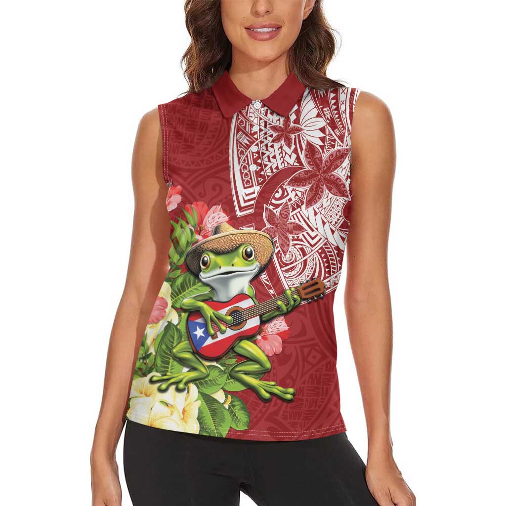 Puerto Rico Coqui Frog Women Sleeveless Polo Shirt Tropical Flowers Polynesian Style - Wonder Print Shop