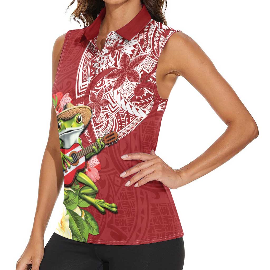 Puerto Rico Coqui Frog Women Sleeveless Polo Shirt Tropical Flowers Polynesian Style - Wonder Print Shop