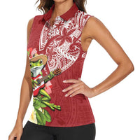 Puerto Rico Coqui Frog Women Sleeveless Polo Shirt Tropical Flowers Polynesian Style - Wonder Print Shop
