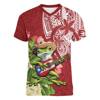 Puerto Rico Coqui Frog Women V-Neck T-Shirt Tropical Flowers Polynesian Style - Wonder Print Shop