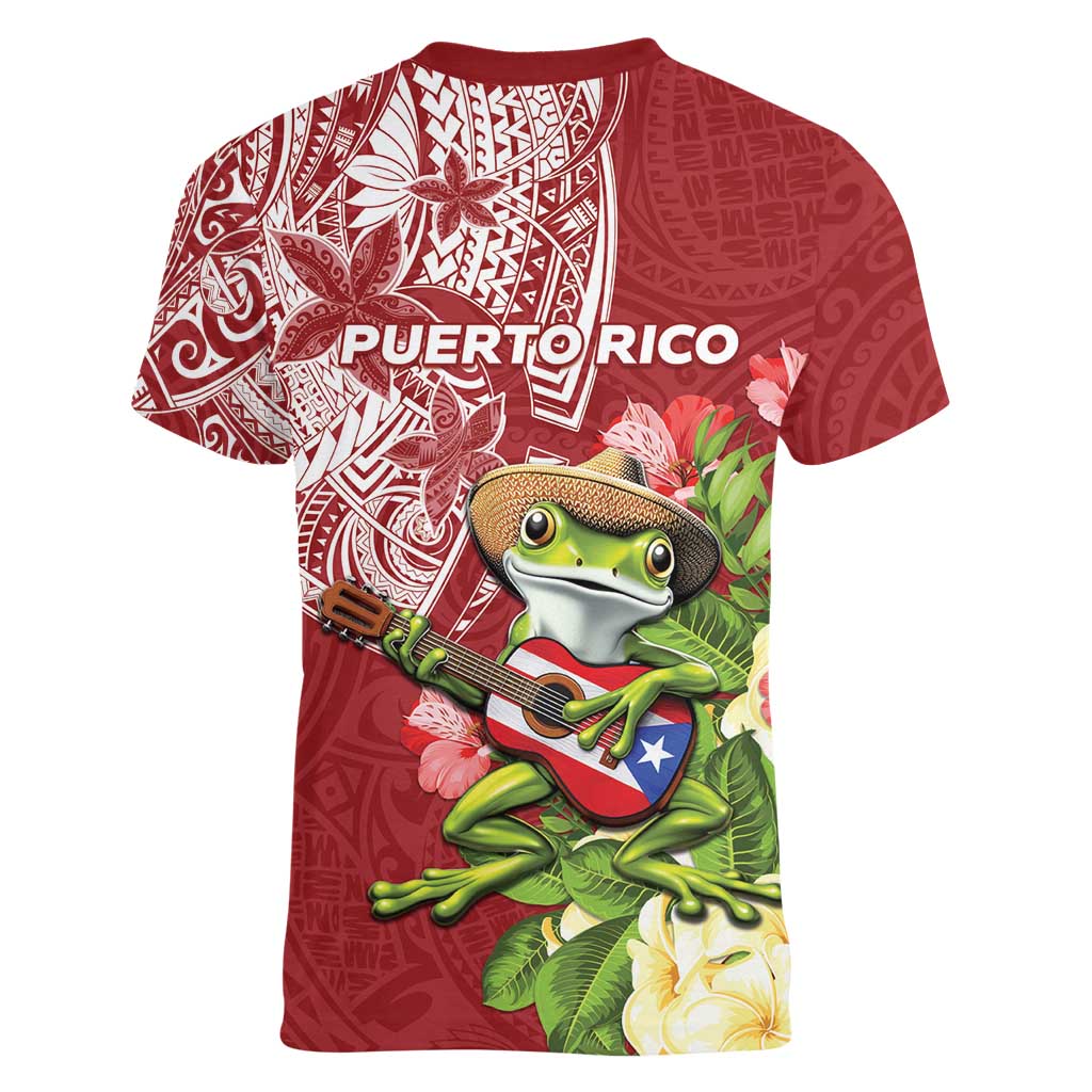 Puerto Rico Coqui Frog Women V-Neck T-Shirt Tropical Flowers Polynesian Style - Wonder Print Shop