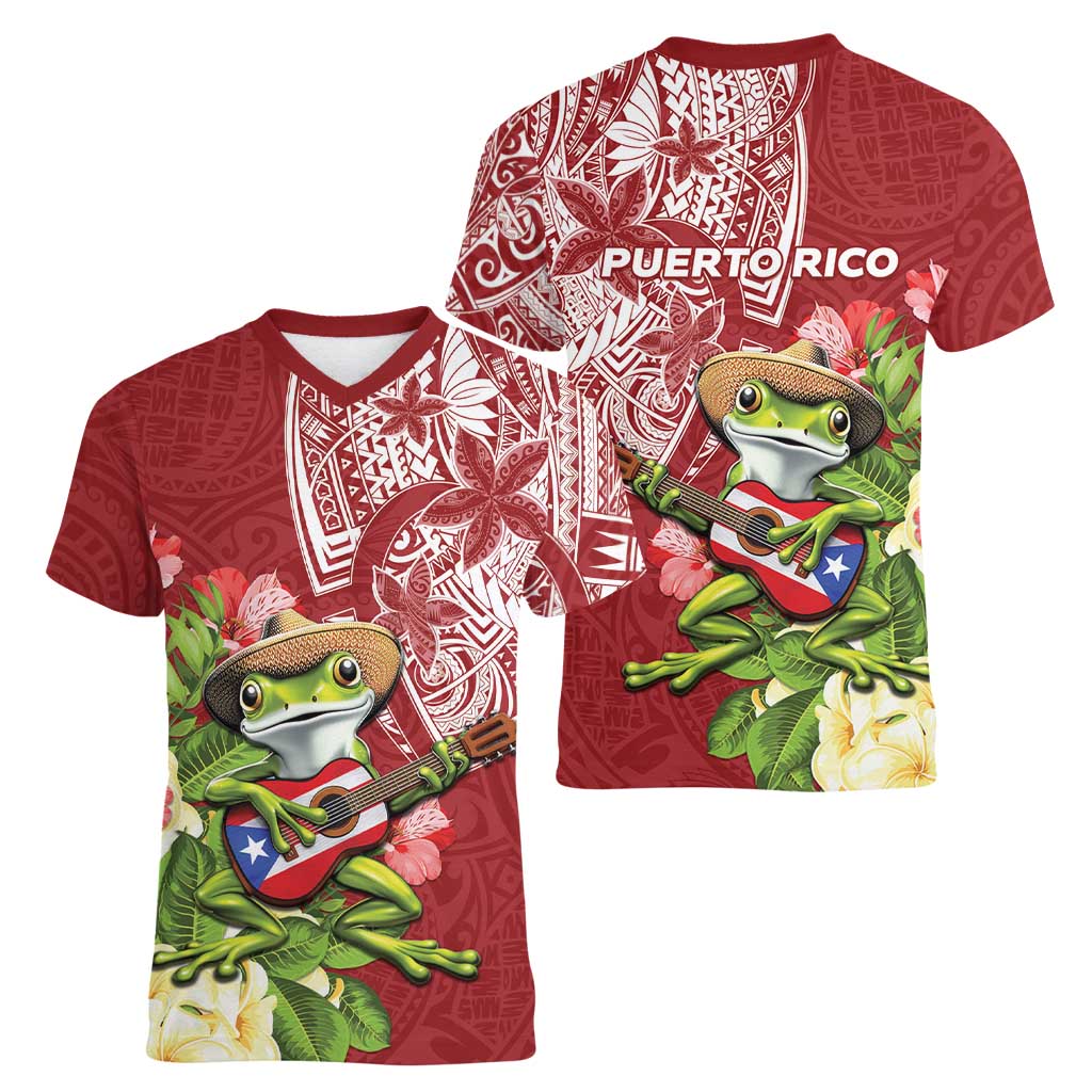 Puerto Rico Coqui Frog Women V-Neck T-Shirt Tropical Flowers Polynesian Style - Wonder Print Shop