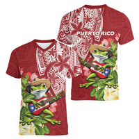 Puerto Rico Coqui Frog Women V-Neck T-Shirt Tropical Flowers Polynesian Style - Wonder Print Shop