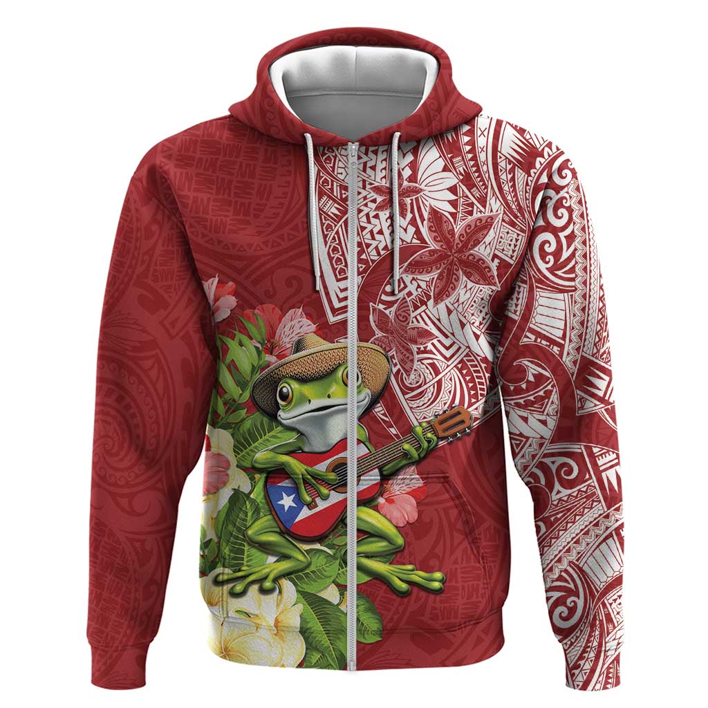 Puerto Rico Coqui Frog Zip Hoodie Tropical Flowers Polynesian Style - Wonder Print Shop