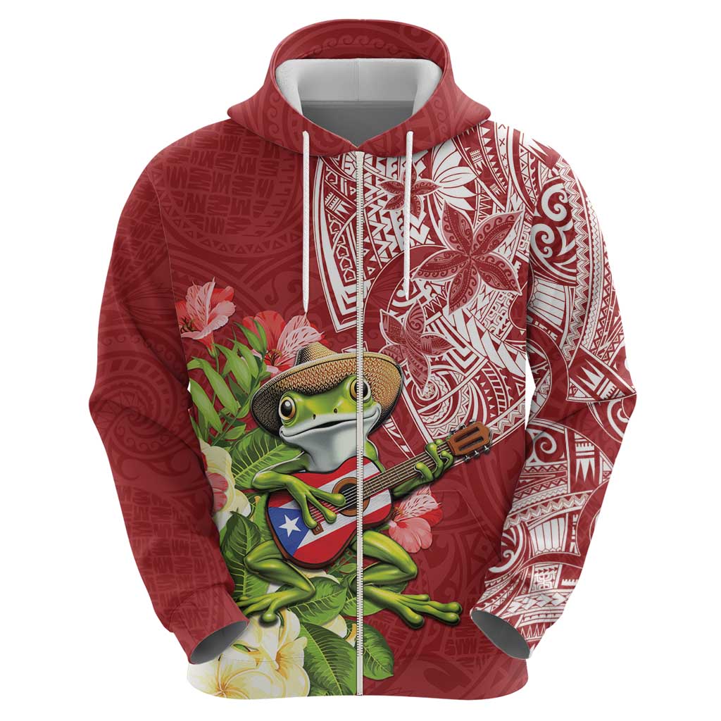 Puerto Rico Coqui Frog Zip Hoodie Tropical Flowers Polynesian Style - Wonder Print Shop