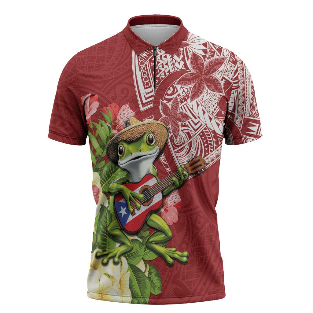 Puerto Rico Coqui Frog Zipper Polo Shirt Tropical Flowers Polynesian Style - Wonder Print Shop