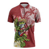 Puerto Rico Coqui Frog Zipper Polo Shirt Tropical Flowers Polynesian Style - Wonder Print Shop
