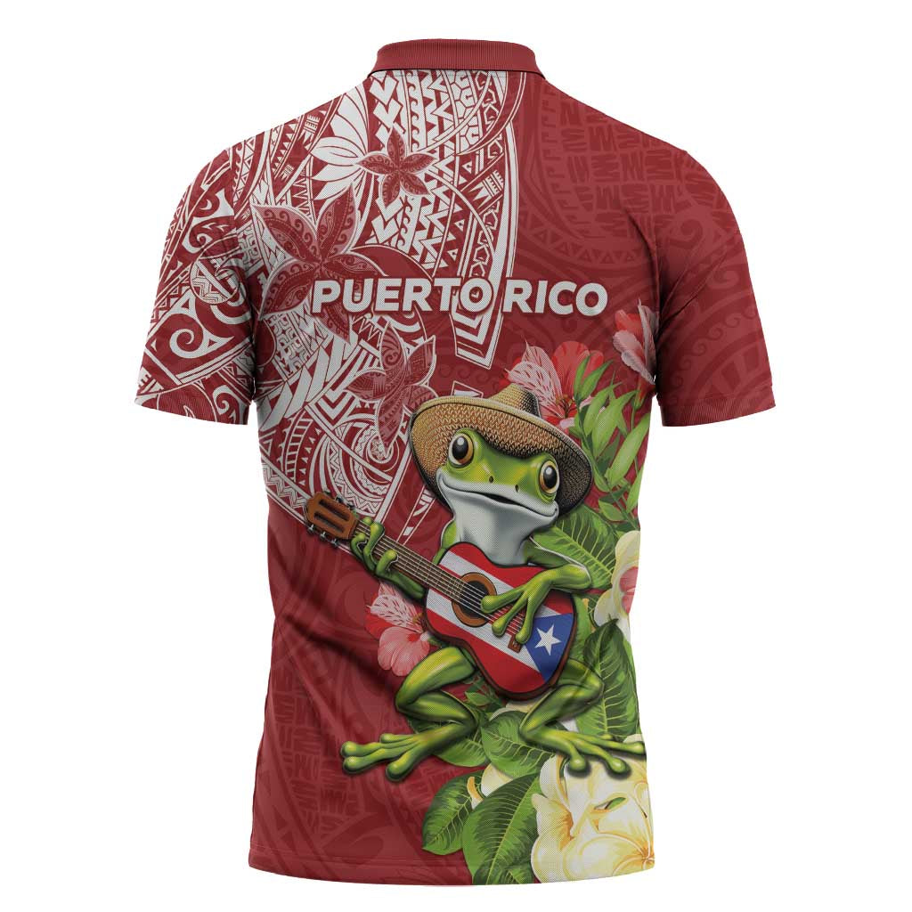 Puerto Rico Coqui Frog Zipper Polo Shirt Tropical Flowers Polynesian Style - Wonder Print Shop