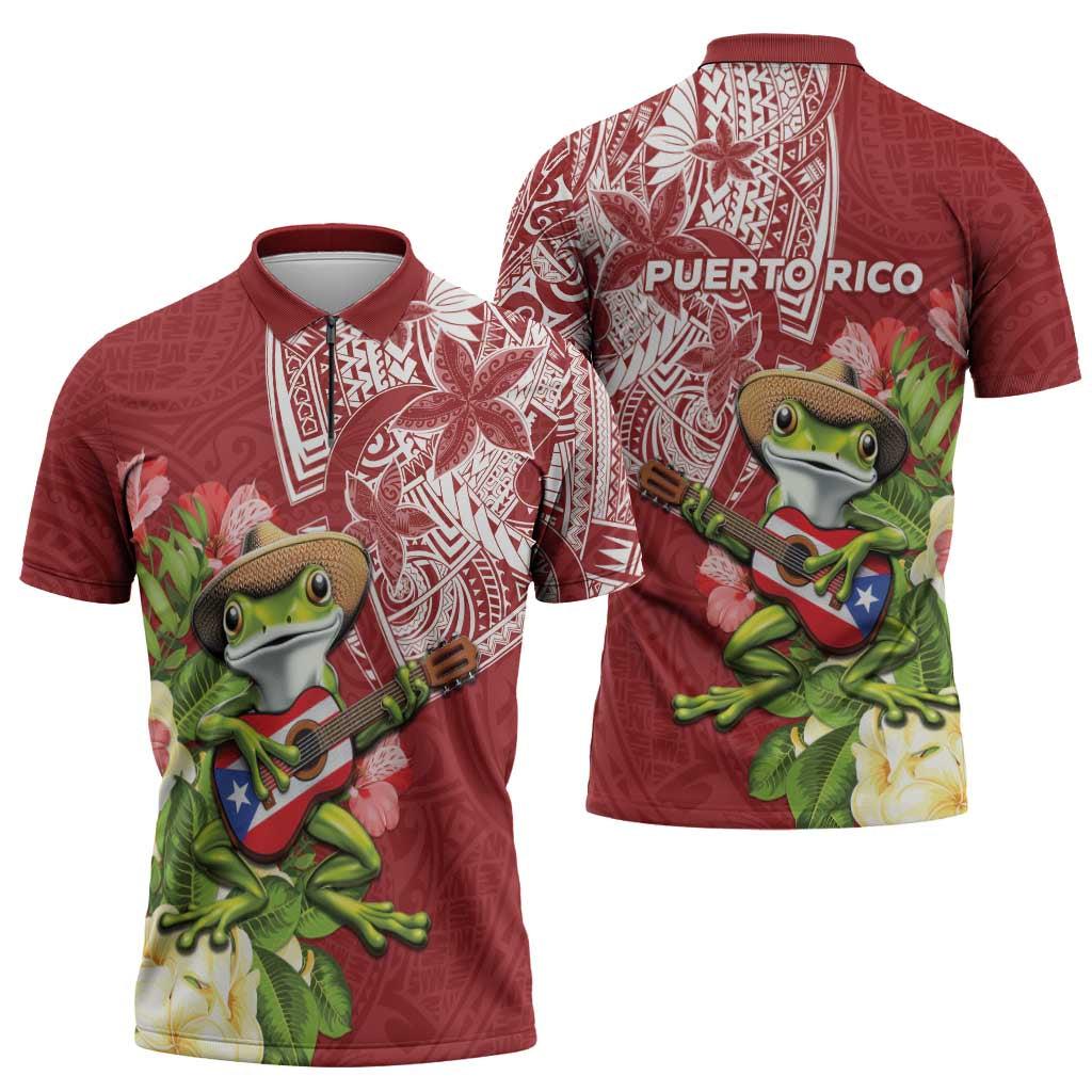 Puerto Rico Coqui Frog Zipper Polo Shirt Tropical Flowers Polynesian Style - Wonder Print Shop