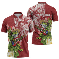 Puerto Rico Coqui Frog Zipper Polo Shirt Tropical Flowers Polynesian Style - Wonder Print Shop