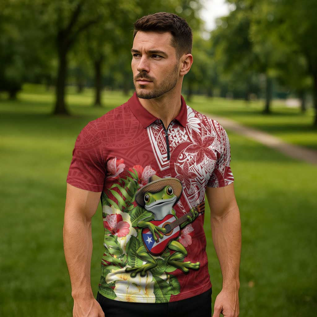 Puerto Rico Coqui Frog Zipper Polo Shirt Tropical Flowers Polynesian Style - Wonder Print Shop
