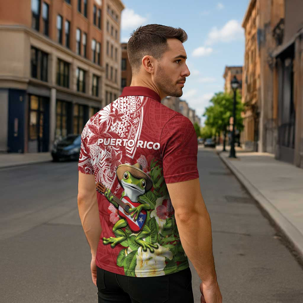 Puerto Rico Coqui Frog Zipper Polo Shirt Tropical Flowers Polynesian Style - Wonder Print Shop