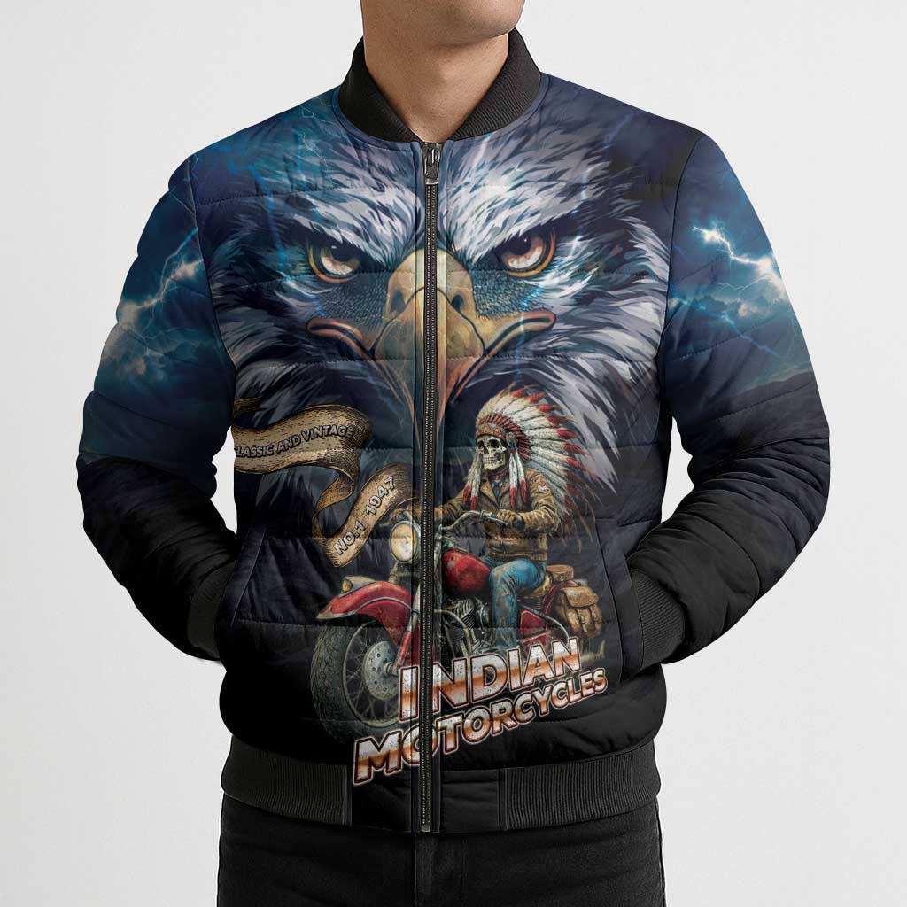American Indian Legendary Motorcycle Bomber Puffer Jacket Native American Retro Rider - Wonder Print Shop