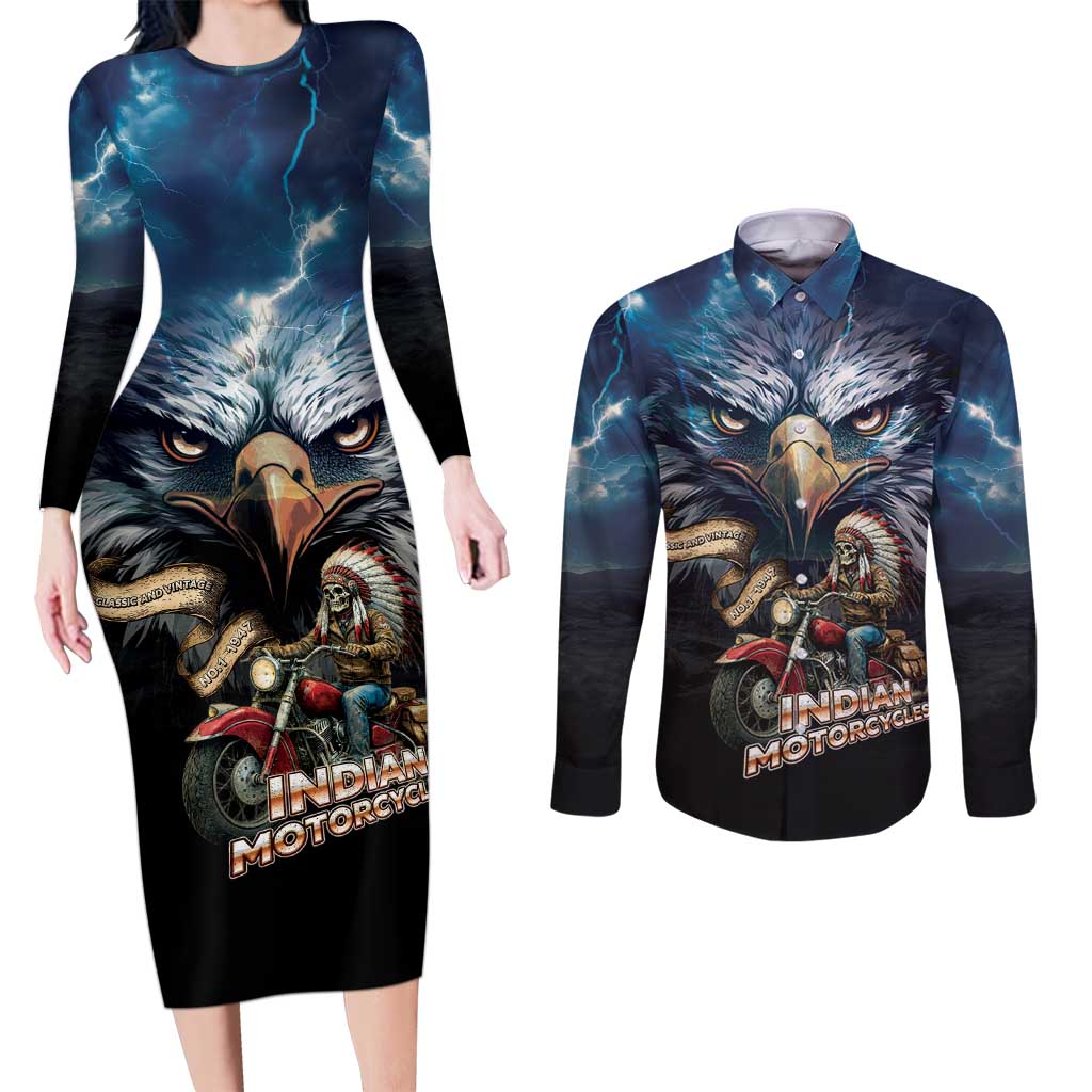 American Indian Legendary Motorcycle Couples Matching Long Sleeve Bodycon Dress and Long Sleeve Button Shirt Native American Retro Rider - Wonder Print Shop