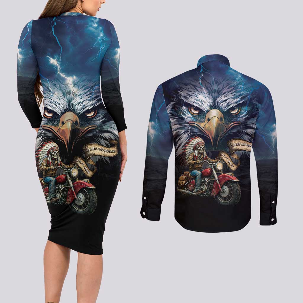 American Indian Legendary Motorcycle Couples Matching Long Sleeve Bodycon Dress and Long Sleeve Button Shirt Native American Retro Rider - Wonder Print Shop