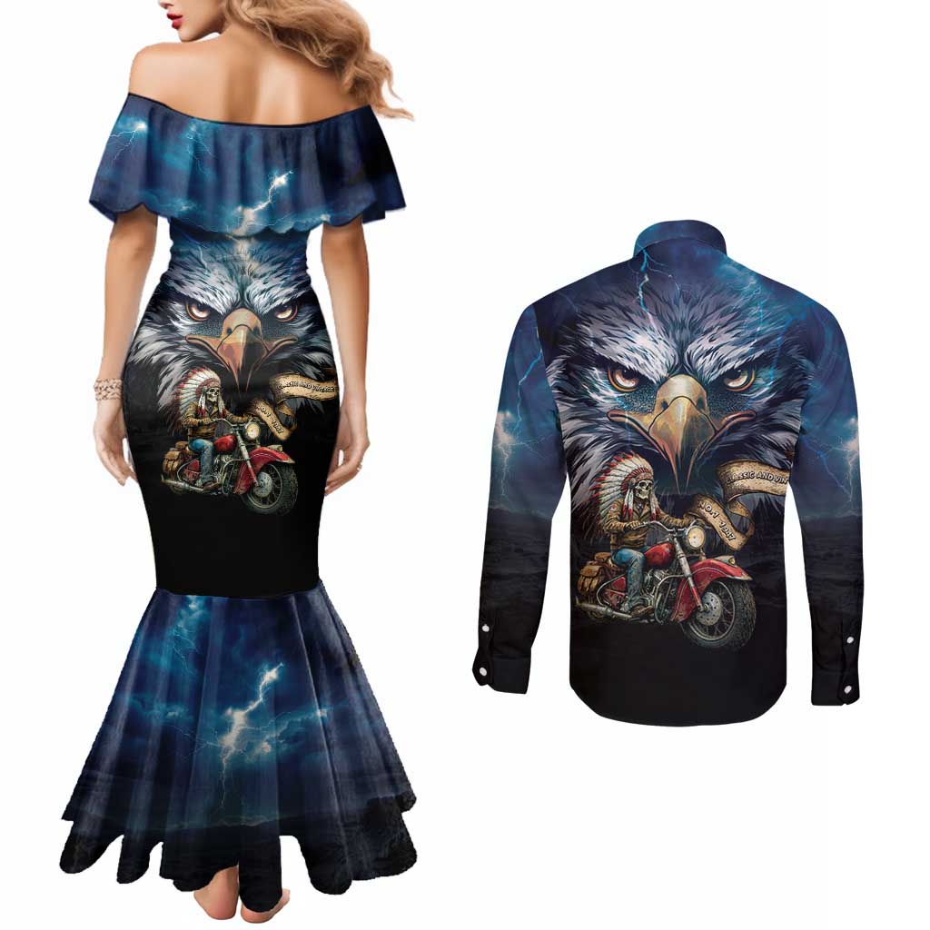 American Indian Legendary Motorcycle Couples Matching Mermaid Dress and Long Sleeve Button Shirt Native American Retro Rider - Wonder Print Shop