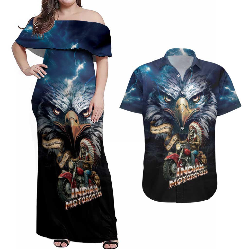 American Indian Legendary Motorcycle Couples Matching Off Shoulder Maxi Dress and Hawaiian Shirt Native American Retro Rider - Wonder Print Shop