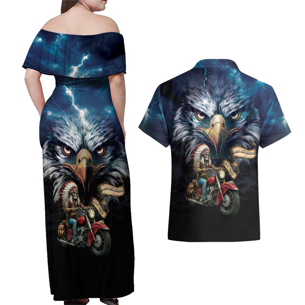 American Indian Legendary Motorcycle Couples Matching Off Shoulder Maxi Dress and Hawaiian Shirt Native American Retro Rider - Wonder Print Shop