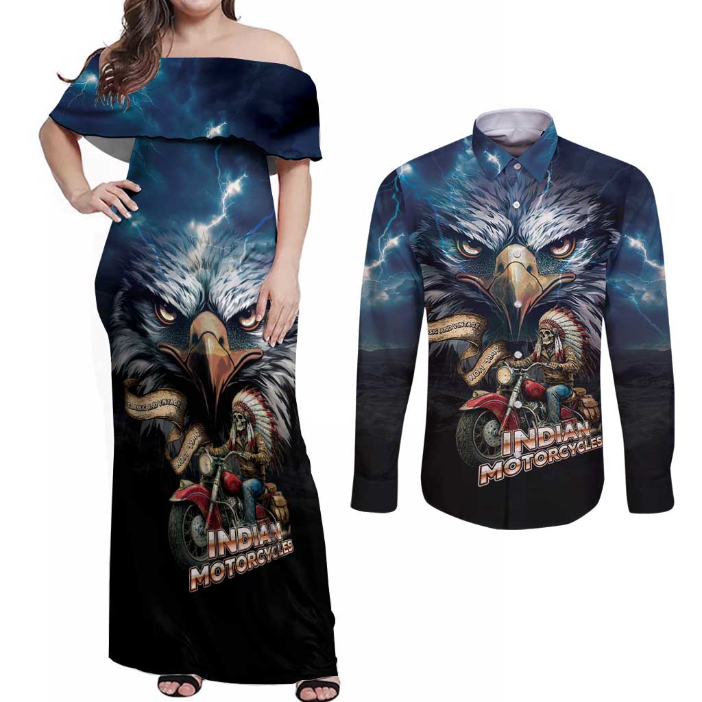 American Indian Legendary Motorcycle Couples Matching Off Shoulder Maxi Dress and Long Sleeve Button Shirt Native American Retro Rider - Wonder Print Shop