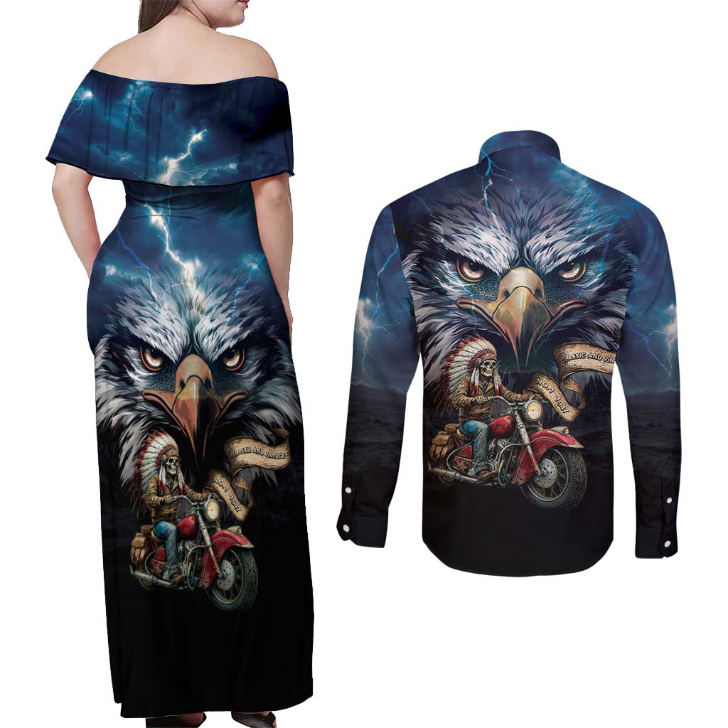 American Indian Legendary Motorcycle Couples Matching Off Shoulder Maxi Dress and Long Sleeve Button Shirt Native American Retro Rider - Wonder Print Shop