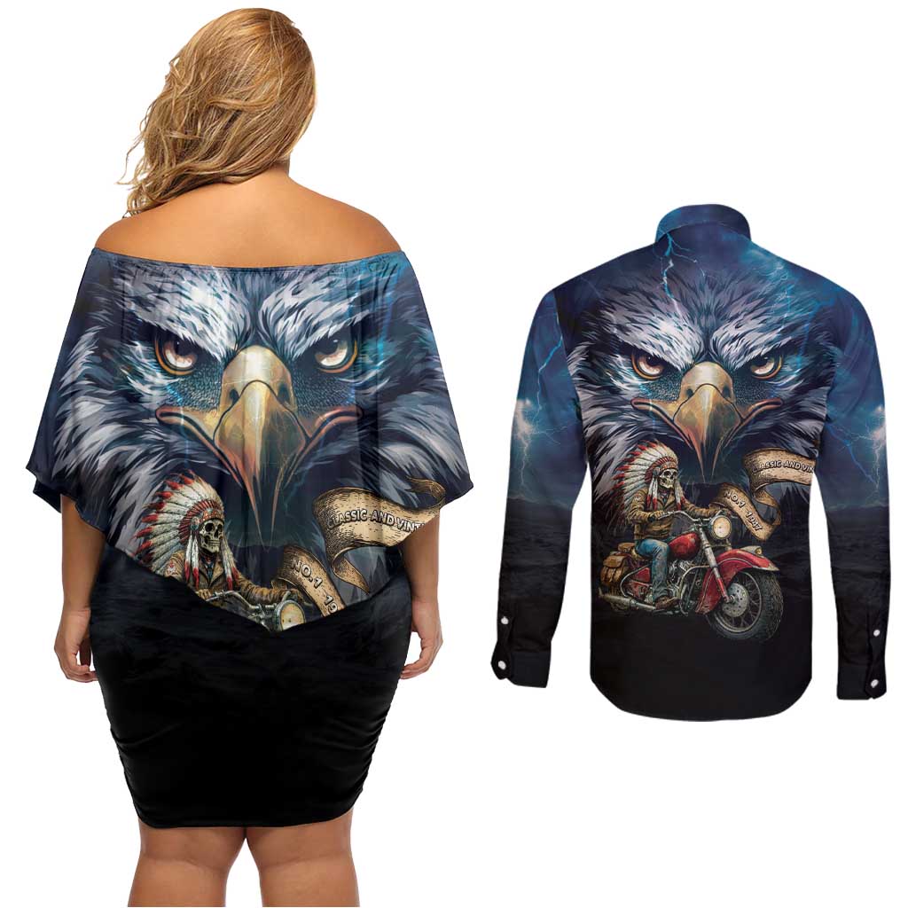 American Indian Legendary Motorcycle Couples Matching Off Shoulder Short Dress and Long Sleeve Button Shirt Native American Retro Rider - Wonder Print Shop