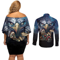 American Indian Legendary Motorcycle Couples Matching Off Shoulder Short Dress and Long Sleeve Button Shirt Native American Retro Rider - Wonder Print Shop