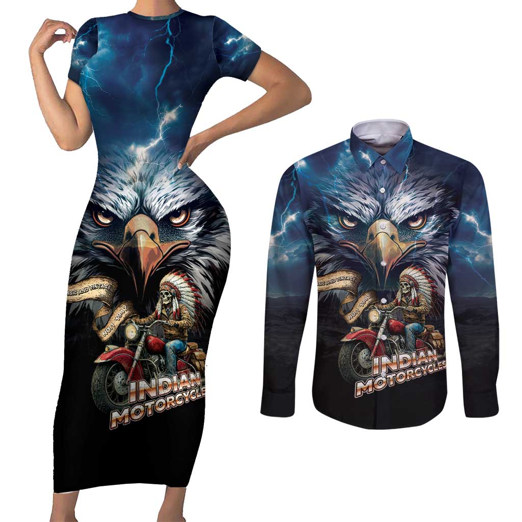 American Indian Legendary Motorcycle Couples Matching Short Sleeve Bodycon Dress and Long Sleeve Button Shirt Native American Retro Rider - Wonder Print Shop
