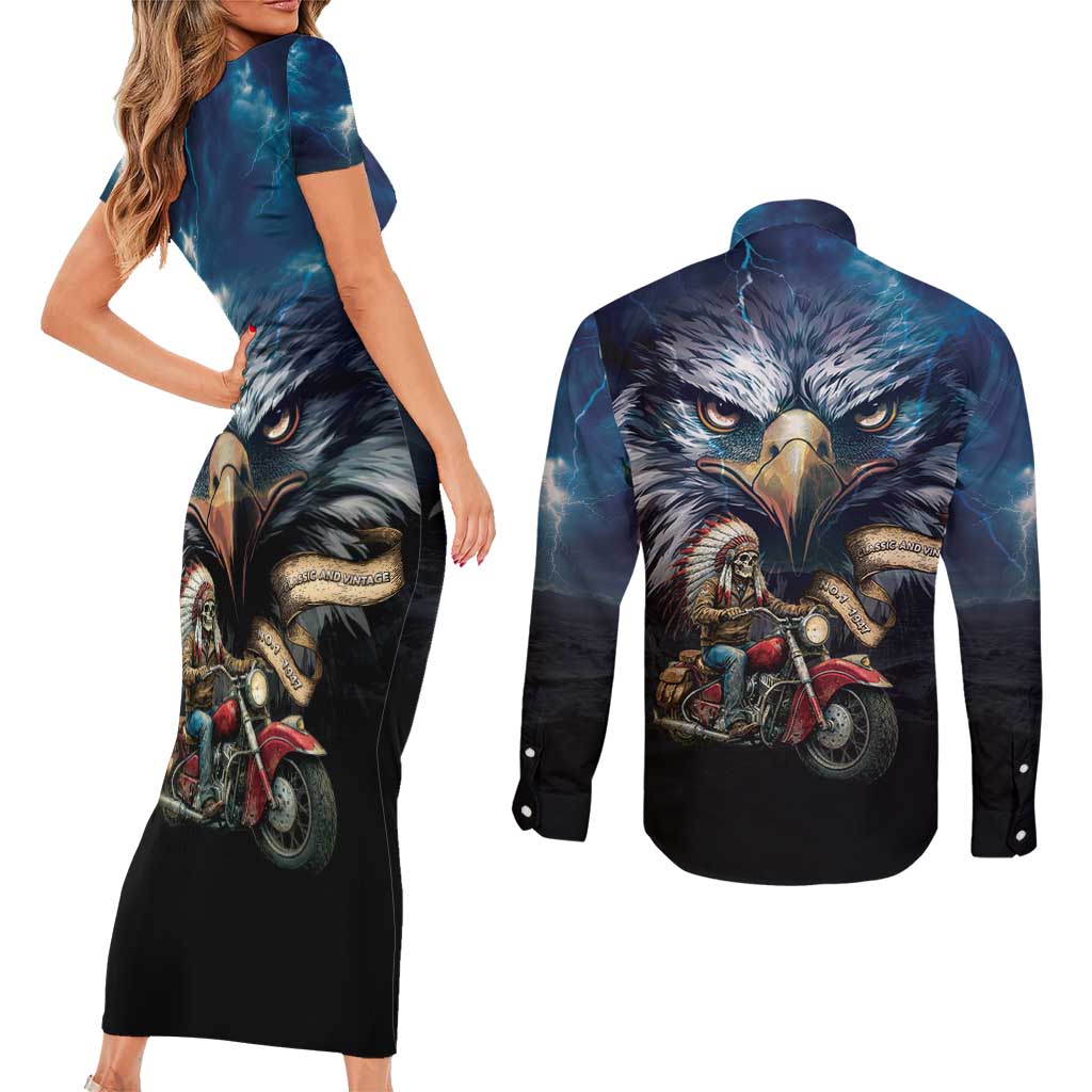 American Indian Legendary Motorcycle Couples Matching Short Sleeve Bodycon Dress and Long Sleeve Button Shirt Native American Retro Rider - Wonder Print Shop