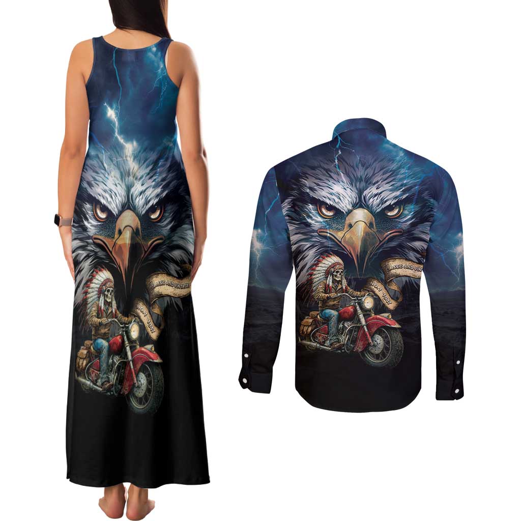 American Indian Legendary Motorcycle Couples Matching Tank Maxi Dress and Long Sleeve Button Shirt Native American Retro Rider - Wonder Print Shop