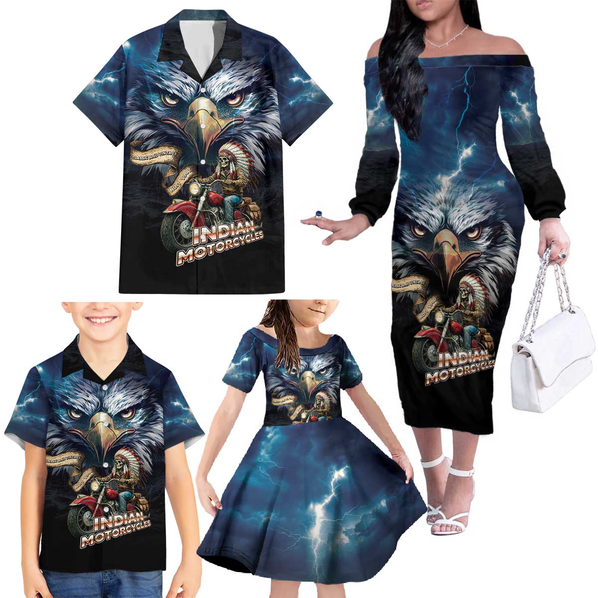 American Indian Legendary Motorcycle Family Matching Off The Shoulder Long Sleeve Dress and Hawaiian Shirt Native American Retro Rider - Wonder Print Shop