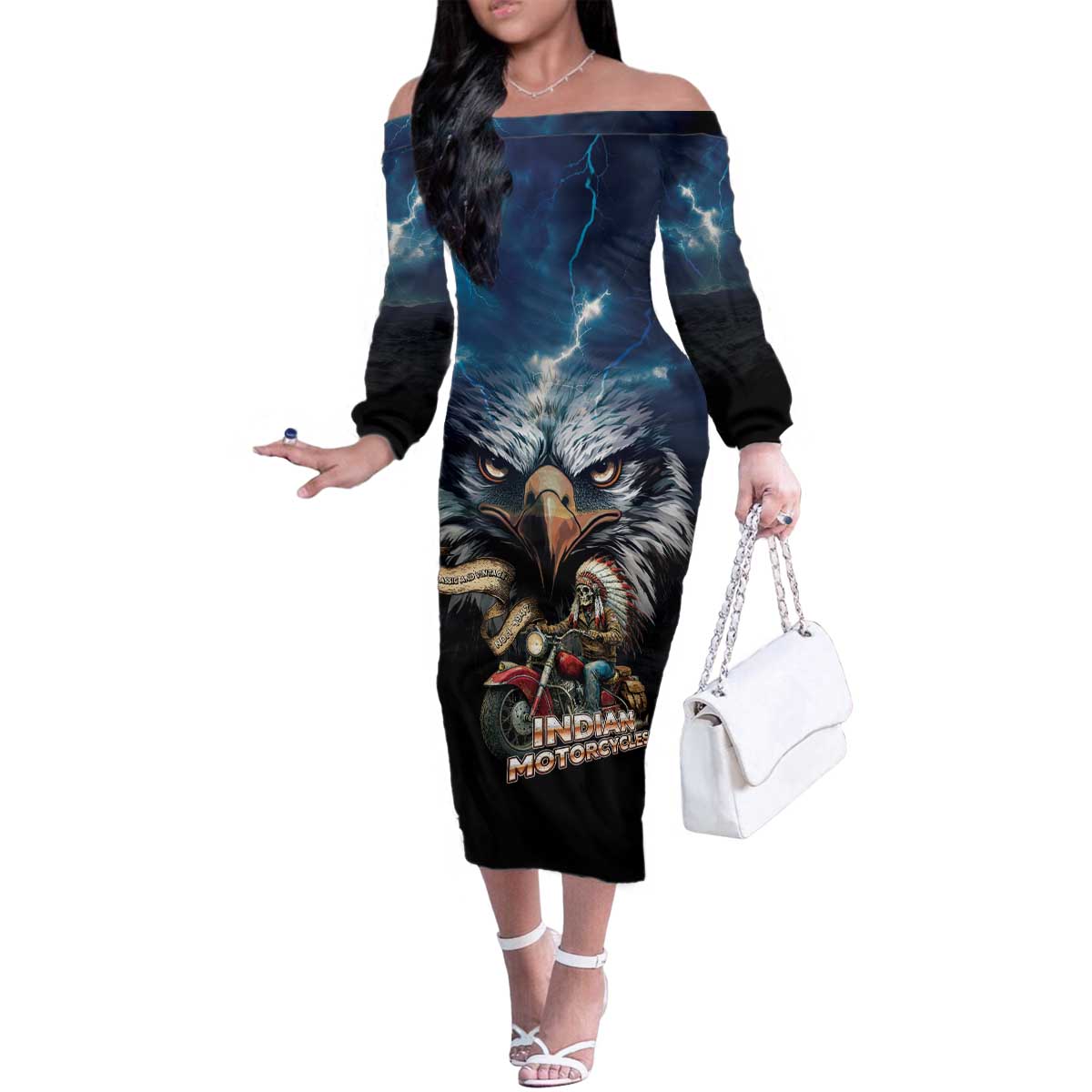American Indian Legendary Motorcycle Family Matching Off The Shoulder Long Sleeve Dress and Hawaiian Shirt Native American Retro Rider - Wonder Print Shop