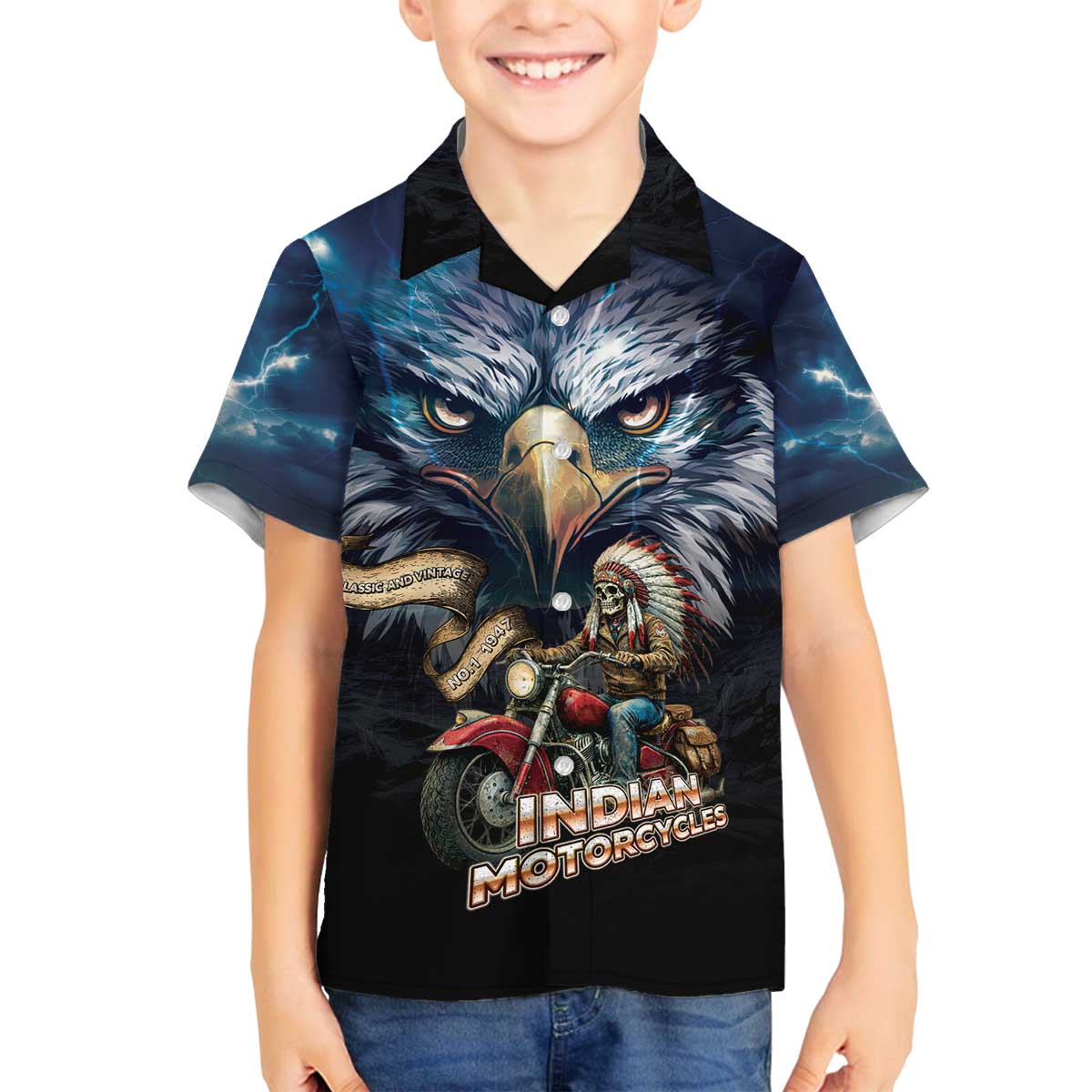 American Indian Legendary Motorcycle Family Matching Off The Shoulder Long Sleeve Dress and Hawaiian Shirt Native American Retro Rider - Wonder Print Shop