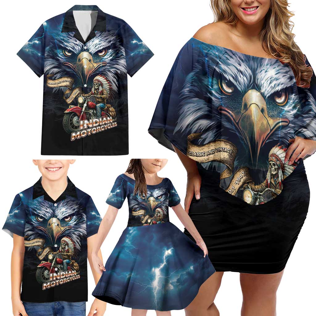 American Indian Legendary Motorcycle Family Matching Off Shoulder Short Dress and Hawaiian Shirt Native American Retro Rider - Wonder Print Shop