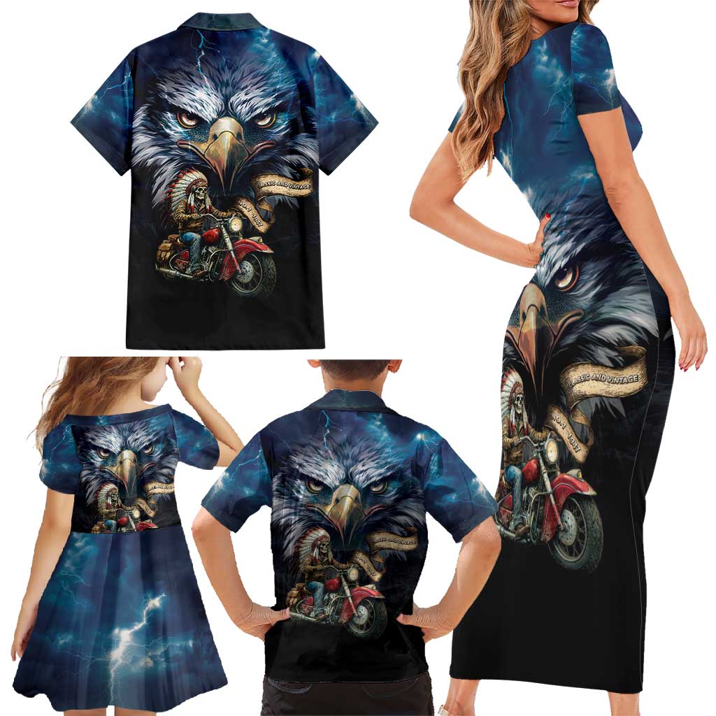 American Indian Legendary Motorcycle Family Matching Short Sleeve Bodycon Dress and Hawaiian Shirt Native American Retro Rider - Wonder Print Shop