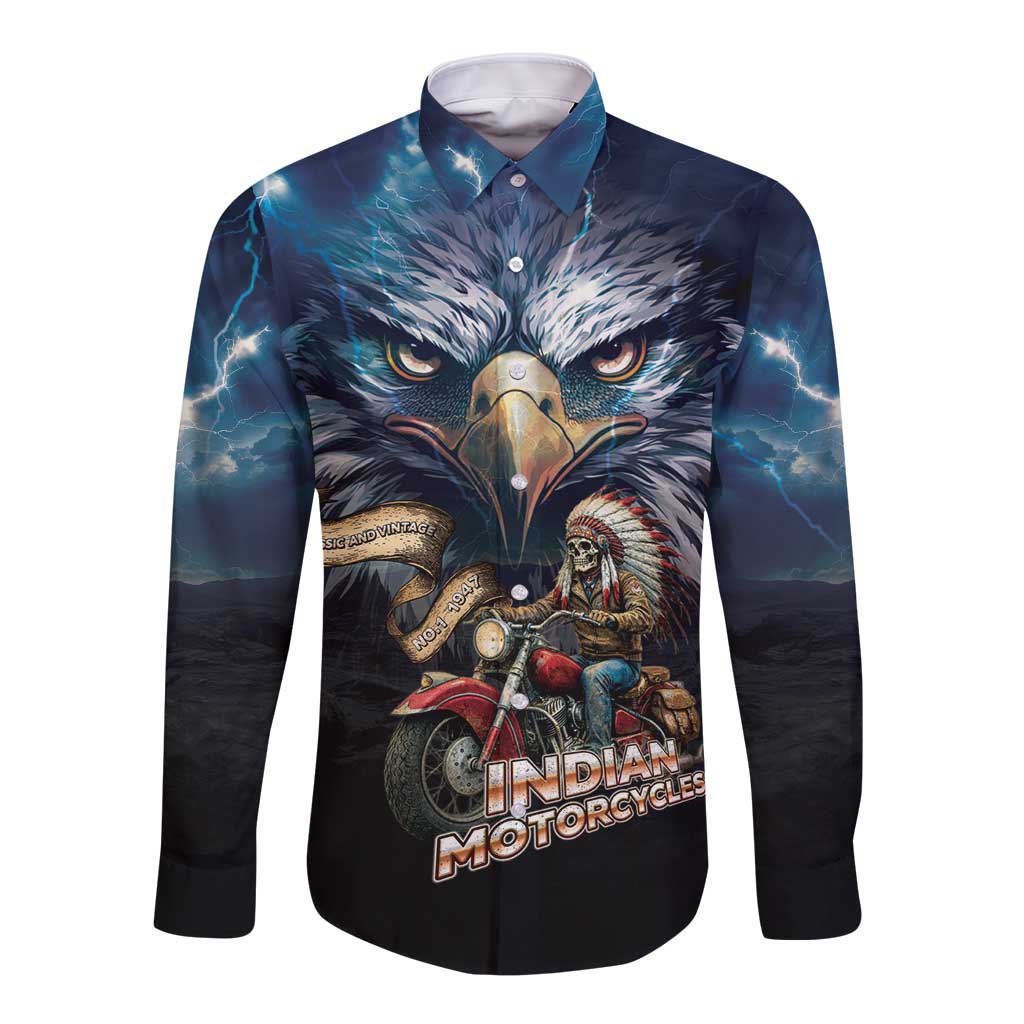 American Indian Legendary Motorcycle Long Sleeve Button Shirt Native American Retro Rider - Wonder Print Shop