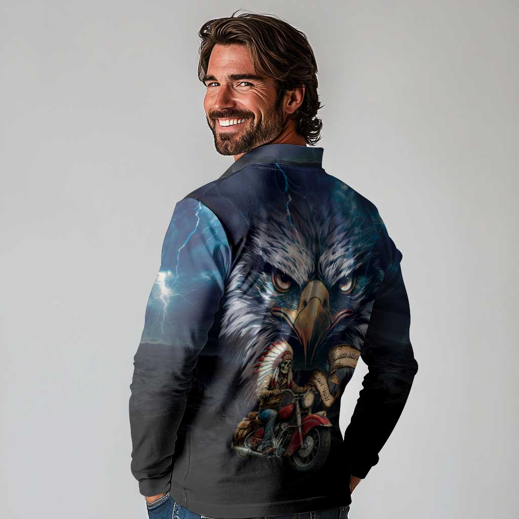 American Indian Legendary Motorcycle Long Sleeve Polo Shirt Native American Retro Rider - Wonder Print Shop